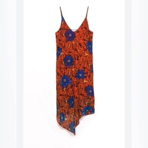 Zara Orange Floral Sheer Lined Asymmetrical Sundress Women's Size S - Picture 2 of 8